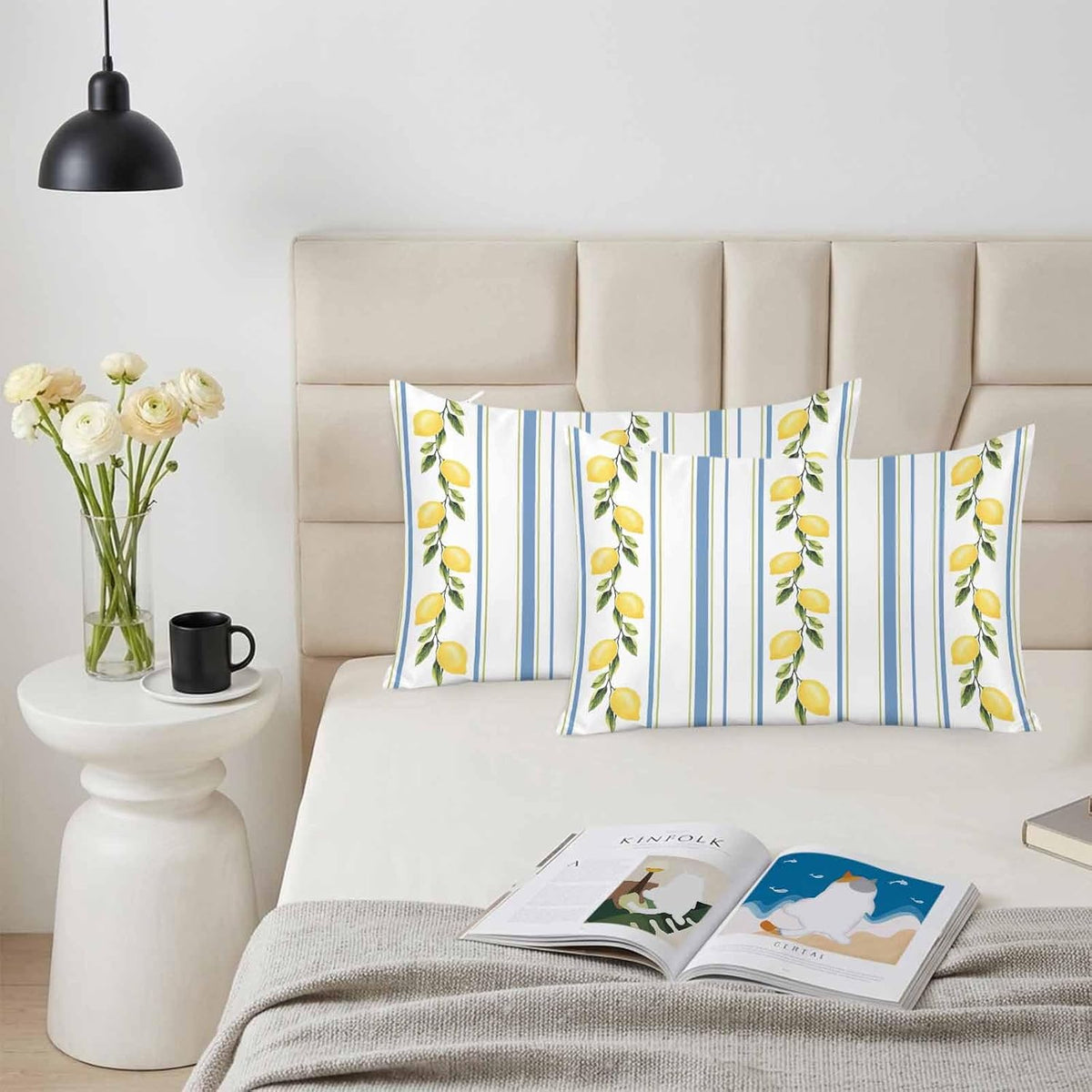 Lemon Striped Standard Pillowcase Set of 2, Yellow Fruit Blue White Satin Pillow Case Cover with Smooth Hidden Zipper Closure, Soft Throw Pillow Covers Cases for Home Decoration 20 X 26 Inches