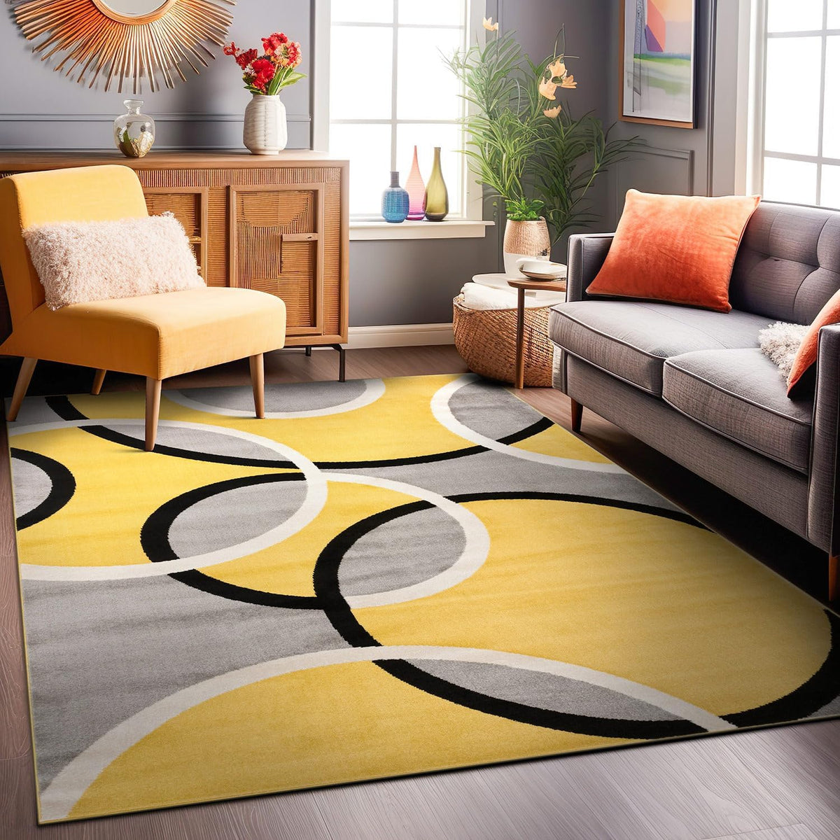 Abstract Circles Contemporary Living Room Area Rug Yellow 6'6" x 9'