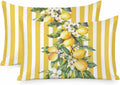 Yellow Lemon Floral Leaf King Standard Pillow Cases Set of 2, Vertical Stripe Satin Pillow Case Cover with Smooth Hidden Zipper Closure, Soft Throw Pillow Covers Cases for Home Decor 20X36 Inch