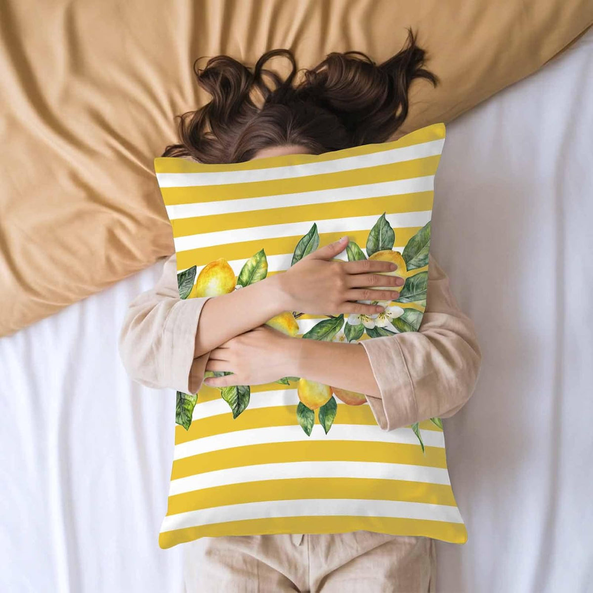 Yellow Lemon Floral Leaf King Standard Pillow Cases Set of 2, Vertical Stripe Satin Pillow Case Cover with Smooth Hidden Zipper Closure, Soft Throw Pillow Covers Cases for Home Decor 20X36 Inch