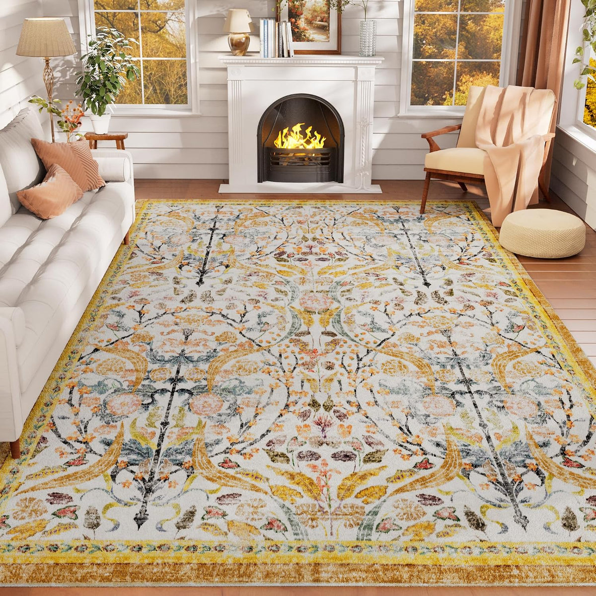 8x10 Washable Area Rugs for Living Room, Non-Slip&Non-Shedding Large Soft Boho Floral Vintage Print Carpet for Bedroom Dining Room Farmhouse Nursery Kids Room Home Office, Golden Yellow