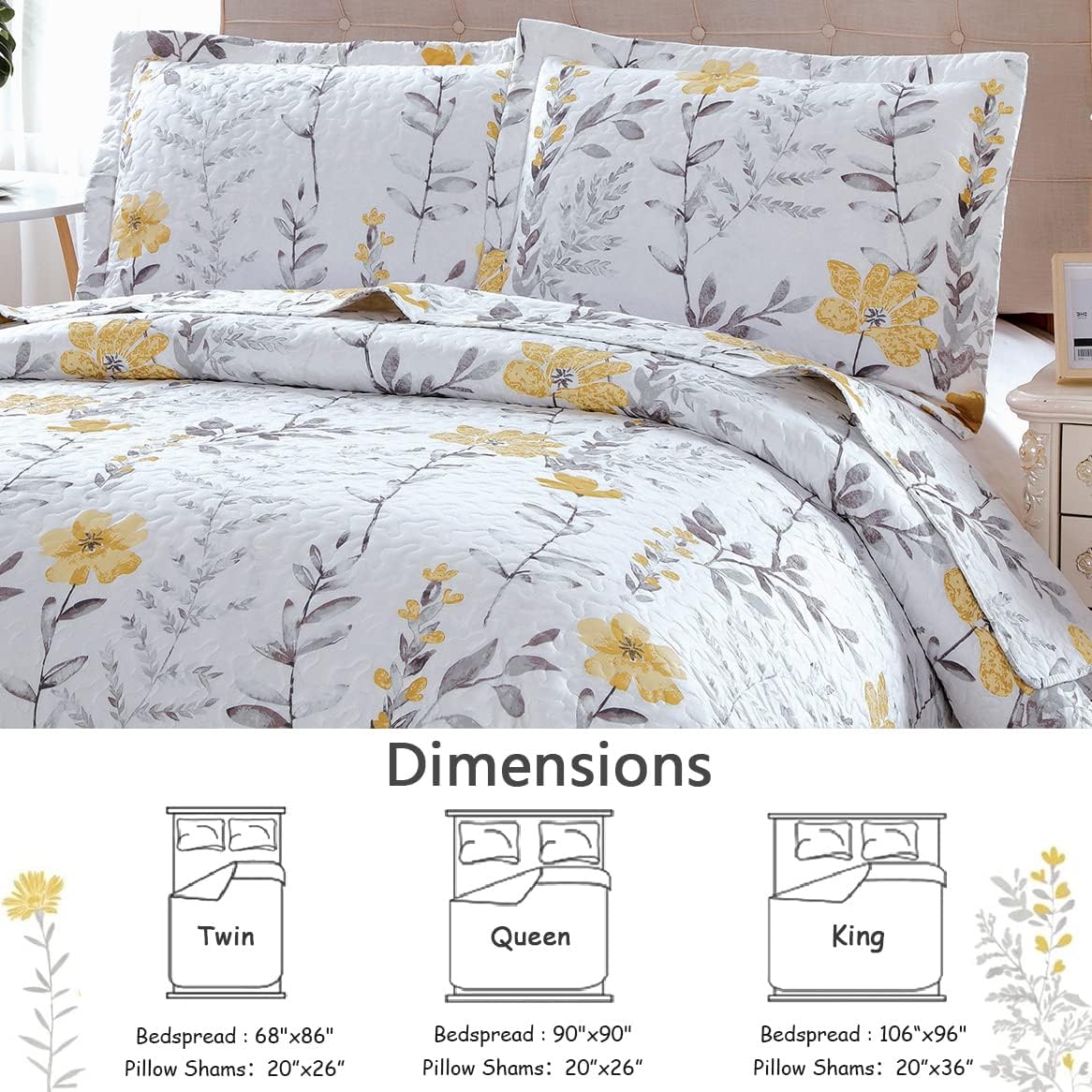 3 Pcs King Size Yellow White Flower Bedding Quilts Lightweight Summer Bedspread Floral Daybed Cover Vintage Plant Garden Coverlet Blanket 106"x96" Quilt with 2 King Pillow Shams