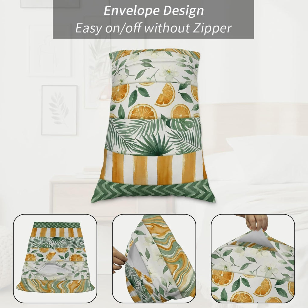 Yellow Lemons Pillow Cases Standard Size Set of 2 - Microfiber Bed Throw Pillow Covers, Summer Botanical Green Leaves Fruits Striped Decorative Lumbar Pillow Cover with Envelope Closure 20"x26"