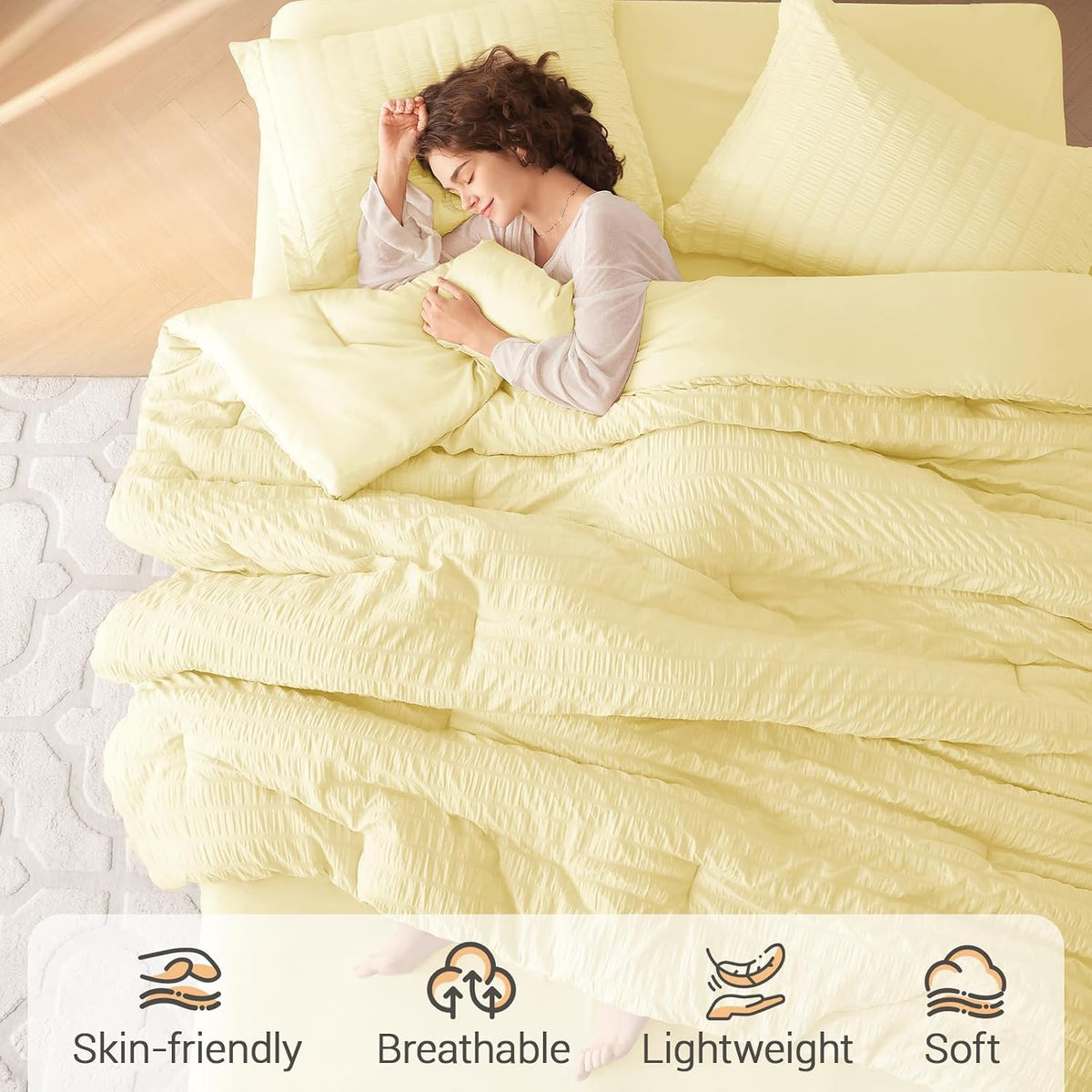 5 Pieces Twin XL Comforter Set, Seersucker Bed in a Bag Twin XL Size, All Season Luxury Bedding Set with Comforter, Flat Sheet, Fitted Sheet, Pillowcase & Sham, Yellow