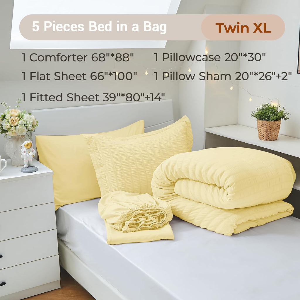 5 Pieces Twin XL Comforter Set, Seersucker Bed in a Bag Twin XL Size, All Season Luxury Bedding Set with Comforter, Flat Sheet, Fitted Sheet, Pillowcase & Sham, Yellow