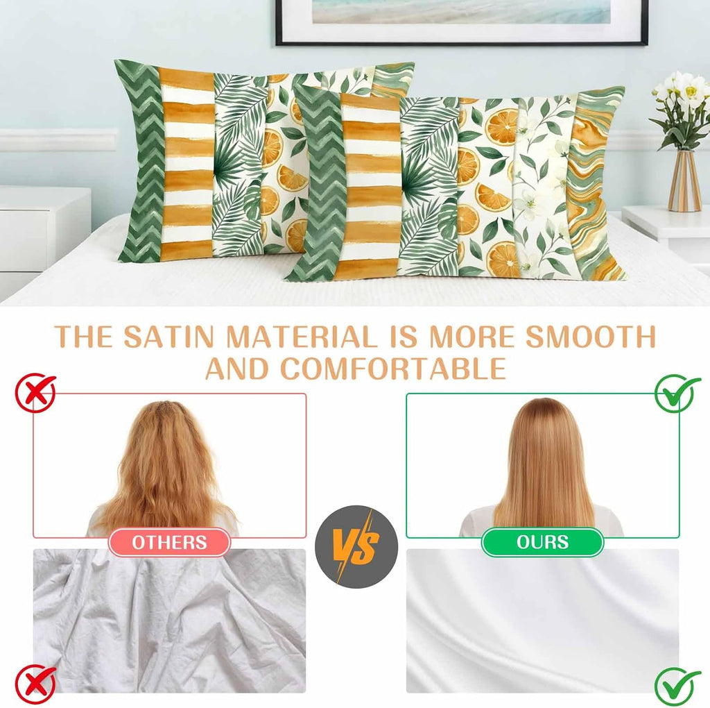 Satin Pillowcases Standard Size, Yellow Lemons Silk Pillow Cases for Hair and Skin with Zipper 2 Pack, Summer Botanical Green Leaves Fruits Striped Smooth Throw Pillow Covers for Sleeping, 20"x26"