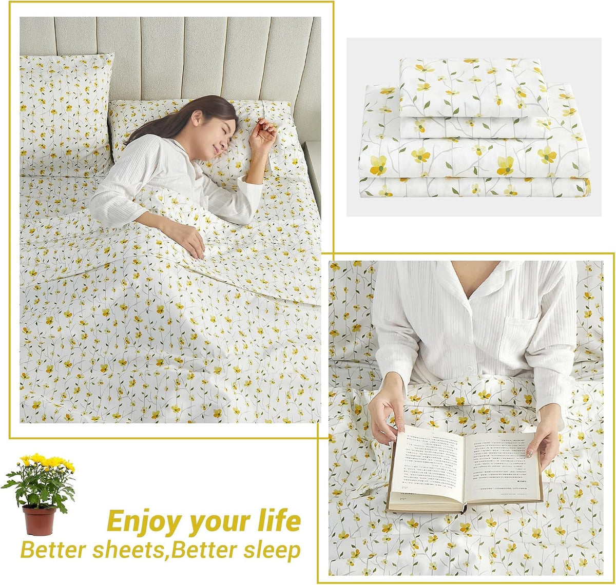 King Sheet Set Yellow Floral Bed Sheets Printed Sheets - 4 Piece Soft Microfiber Patterned Fitted Sheets King with 15" Deep Pocket and Corner Straps, Cute Yellow Flower Sheets & Pillowcase Set