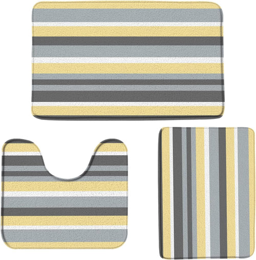 3 Piece Set Yellow Gray Bath Mat Modern Geometric Striped Contemporary Simple Fashion Boho Bathroom Rugs Toilet Bedroom Laundry Kitchen Doormat