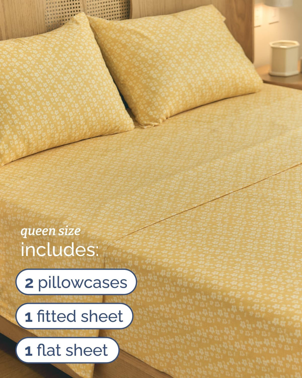 Queen 4 Piece Floral Sheet Set - Soft, Breathable & Cooling - Yellow Meadow