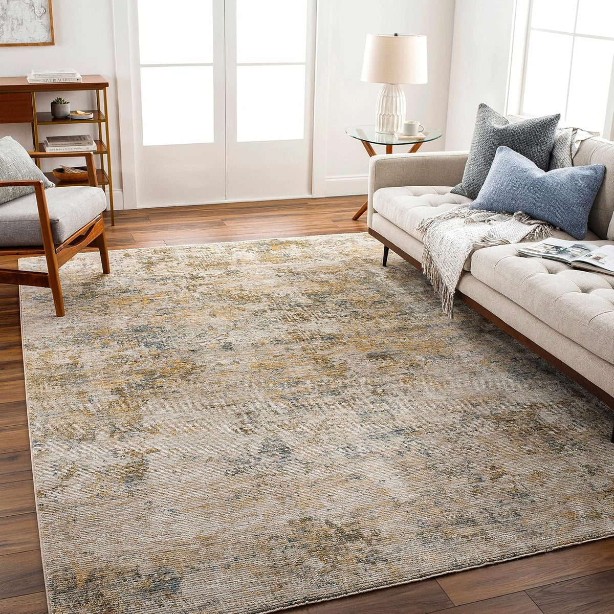 Turing Living Room, Bedroom Area Rug - Abstract Distressed Faded Overdyed - Contemporary Modern Transitional Boho - Tan, Light Sage, Sage, Beige, Yellow - 5' x 7'5"