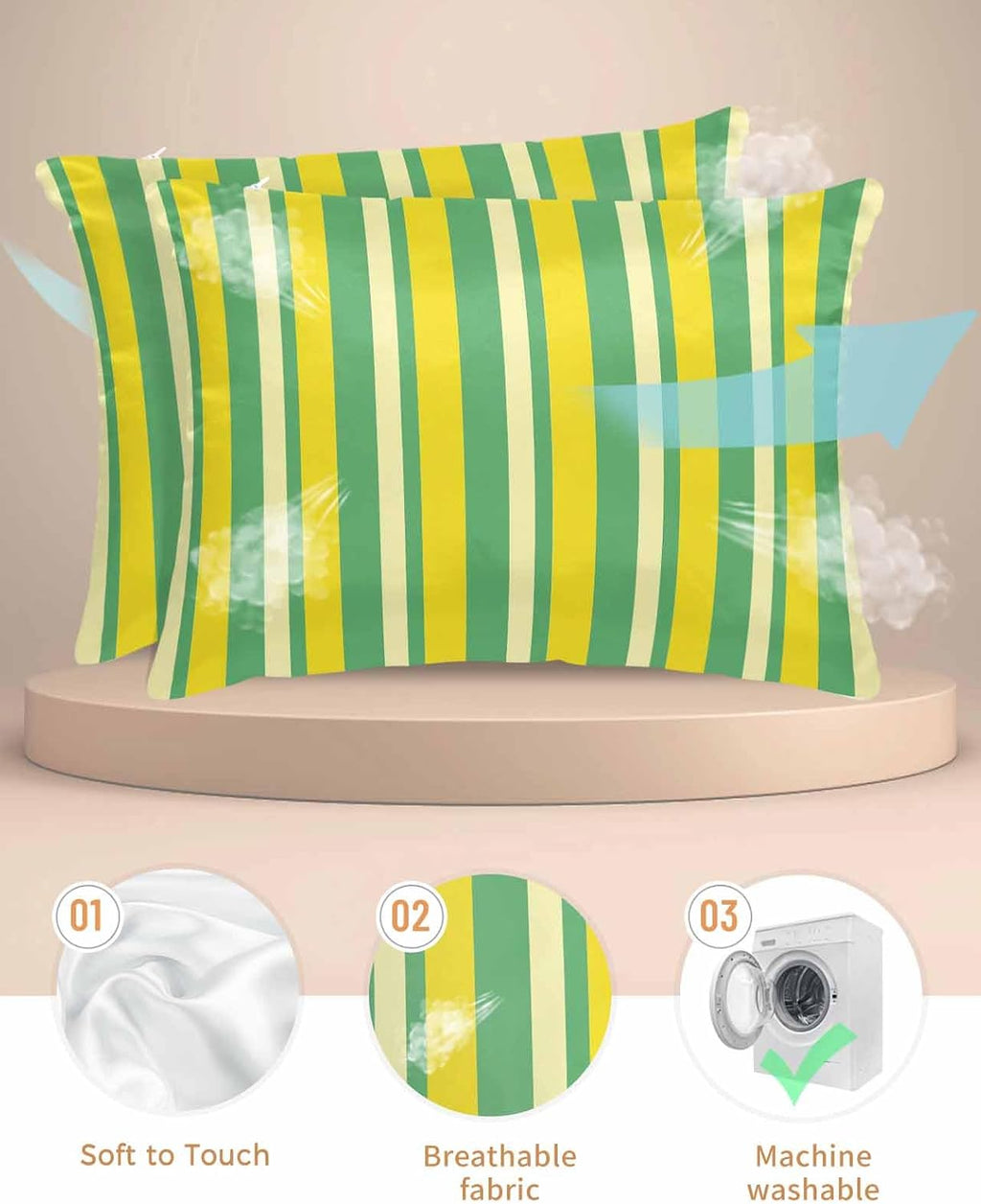 Lemon Green Yellow Pillow Cases Standard Size Set of 2, Satin Pillowcase for Hair and Skin, Summer Modern Farmhouse Striped Throw Pillow Covers Cooling Pillow Protector with Zipper 20"x26"x2