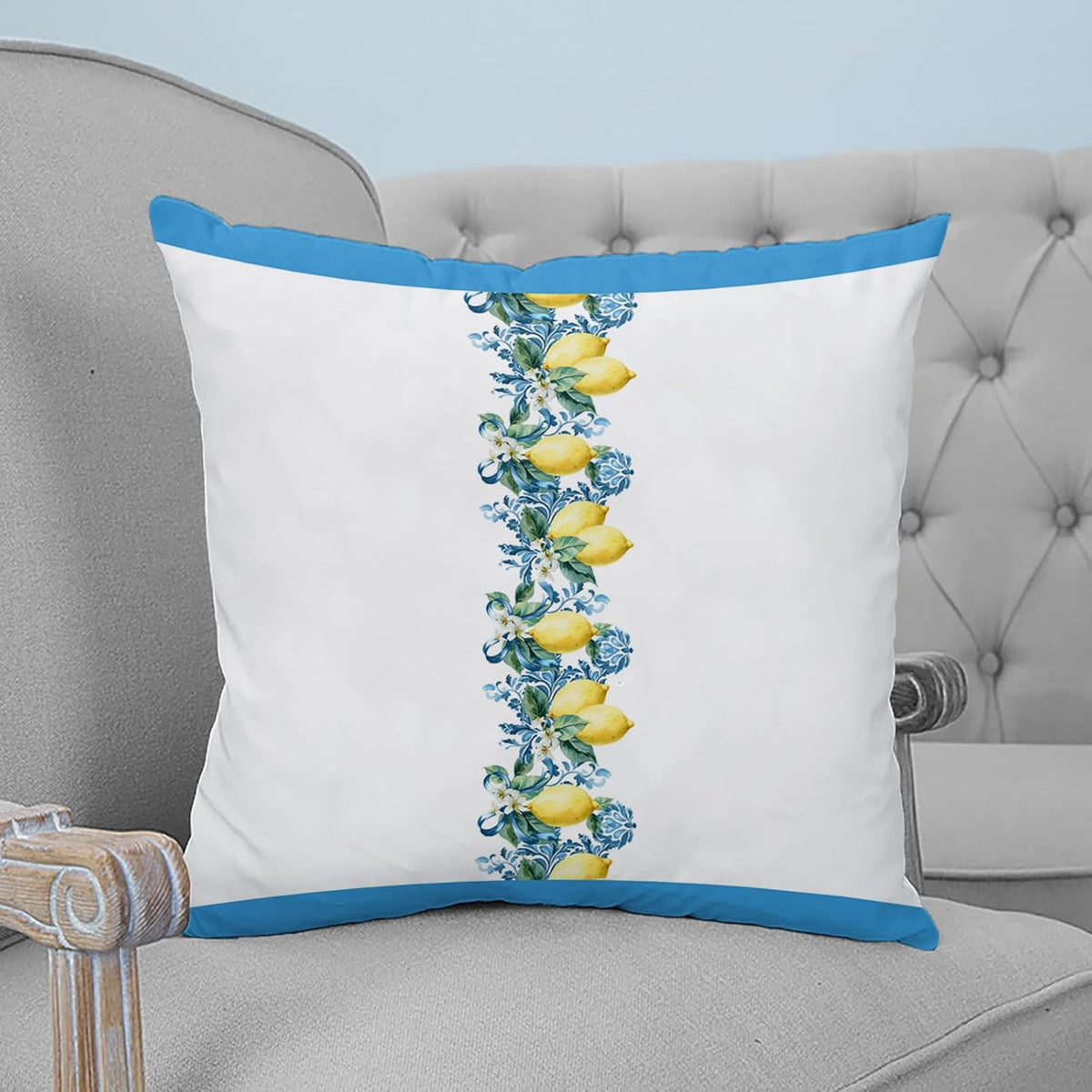 Watercolor Lemon Stripes 2PCS Throw Pillow Covers for Couch Sofa Bed, Country Yellow Fruit Flowers Pillow Covers 16x16 inch, Standard Pillowcases Set Decorative Cushion Covers for Living Room Bedroom