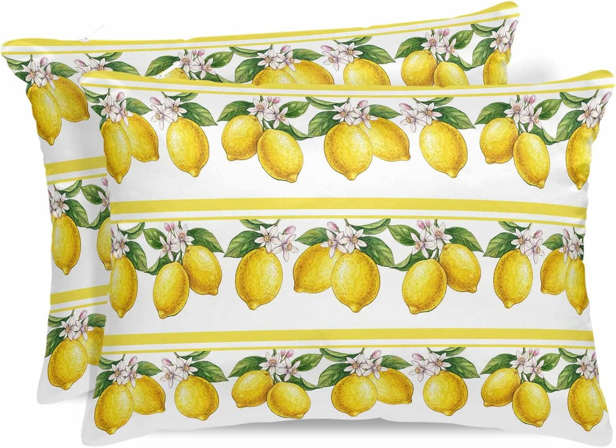 Satin Pillowcases Standard Size, Lemon Summer Silk Pillow Cases for Hair and Skin with Zipper 2 Pack, Watercolor Fruits Yellow Stripes Smooth Throw Pillow Covers for Sleeping, 20"x26"