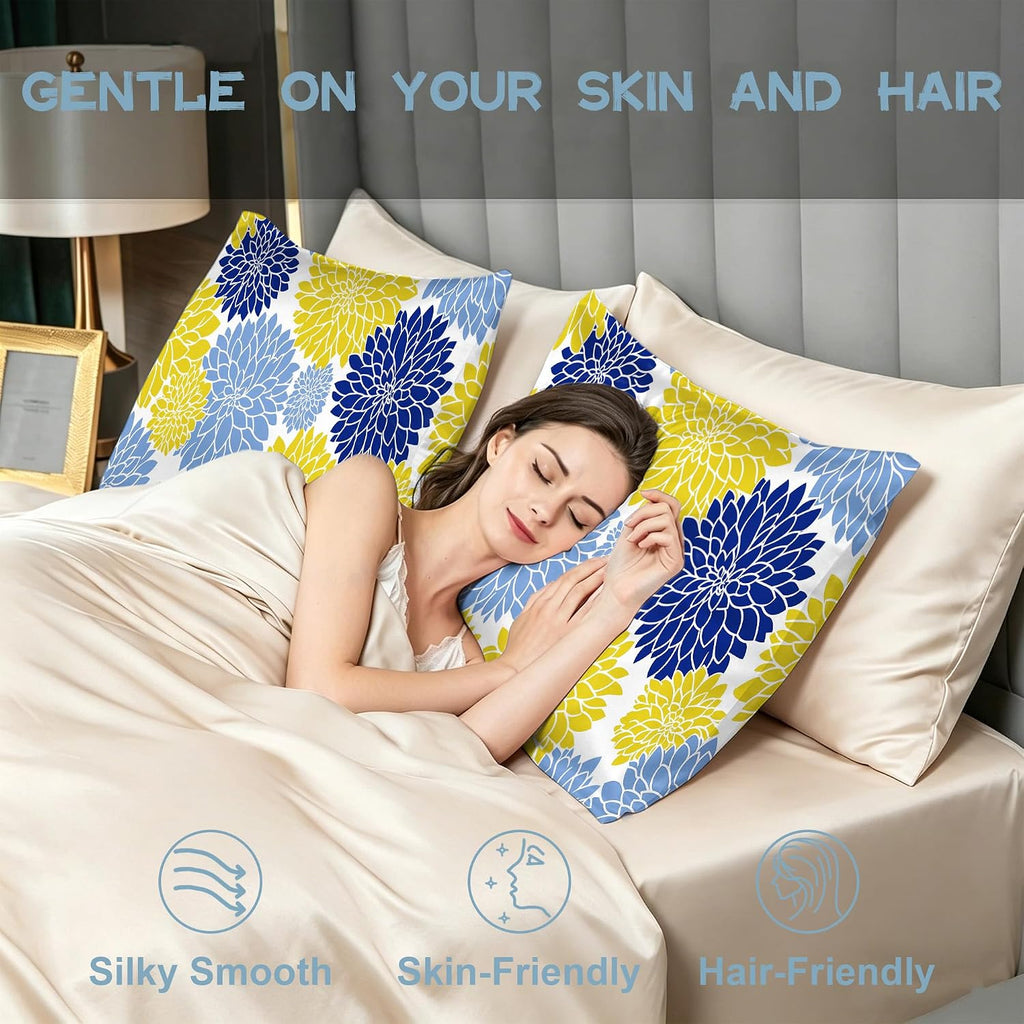 Yellow Navy Blue Flower Satin Pillowcase for Hair and Skin 1 Pack,Soft and Cooling Similar to Silk Pillow Cases with Hidden Zipper, Gift for Women Men(20"x30" Queen Size