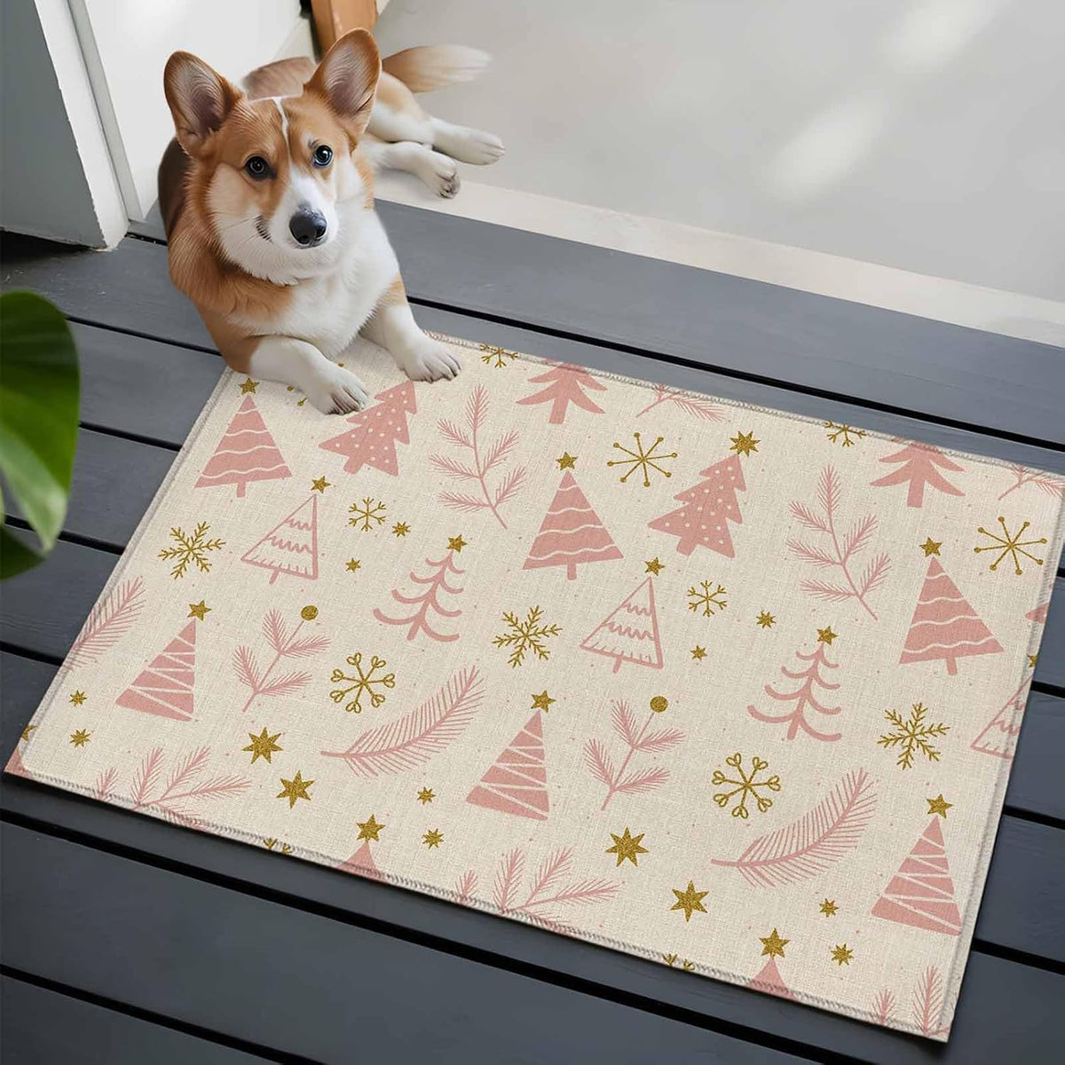Pink Christmas Tree 2x3 Area Rugs for Living Room, Vintage Yellow Star Snowflakes Winter Non Slip Floor Mat Washable Low-Profile Indoor Carpet for Bedroom, Dining Room, Bathroom