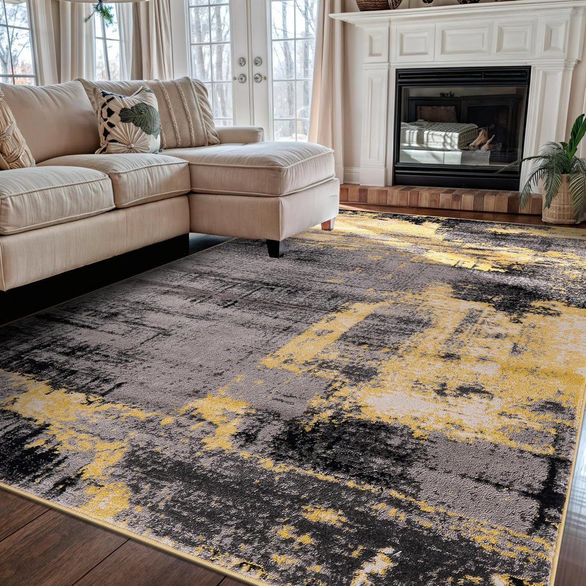 Modern Abstract Soft Living Room Bedroom Area Rug Yellow 5' x 7'