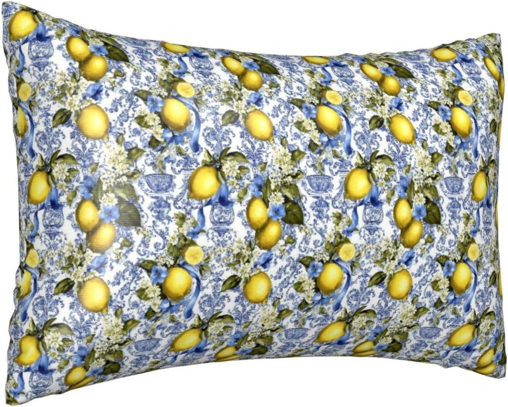 Yellow Lemon Sky Blue Floral Print Satin Pillowcase for Hair and Skin, 20x30 Inches Pillow Cases, Queen Size Pillowcases with Zipper, Similar to Silk Pillow Covers
