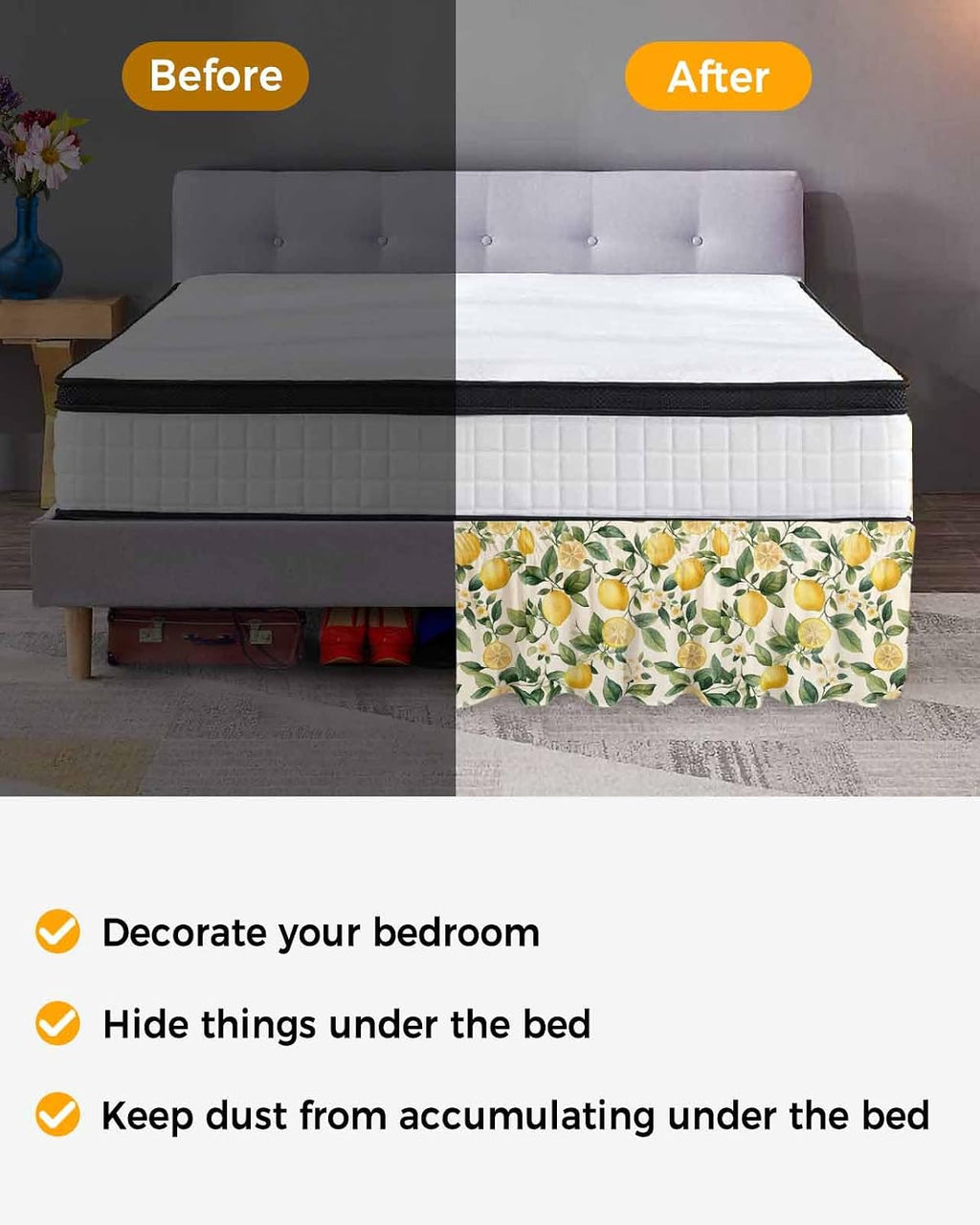 Lemon Flower Bed Skirt Queen Size 16 Inch Drop, Adjustable Elastic Wrap Around Bed Skirts Easy Fitting Dust Ruffle Bedskirt Bed Frame Cover Green Leaf Fruit Botanical Plant Yellow