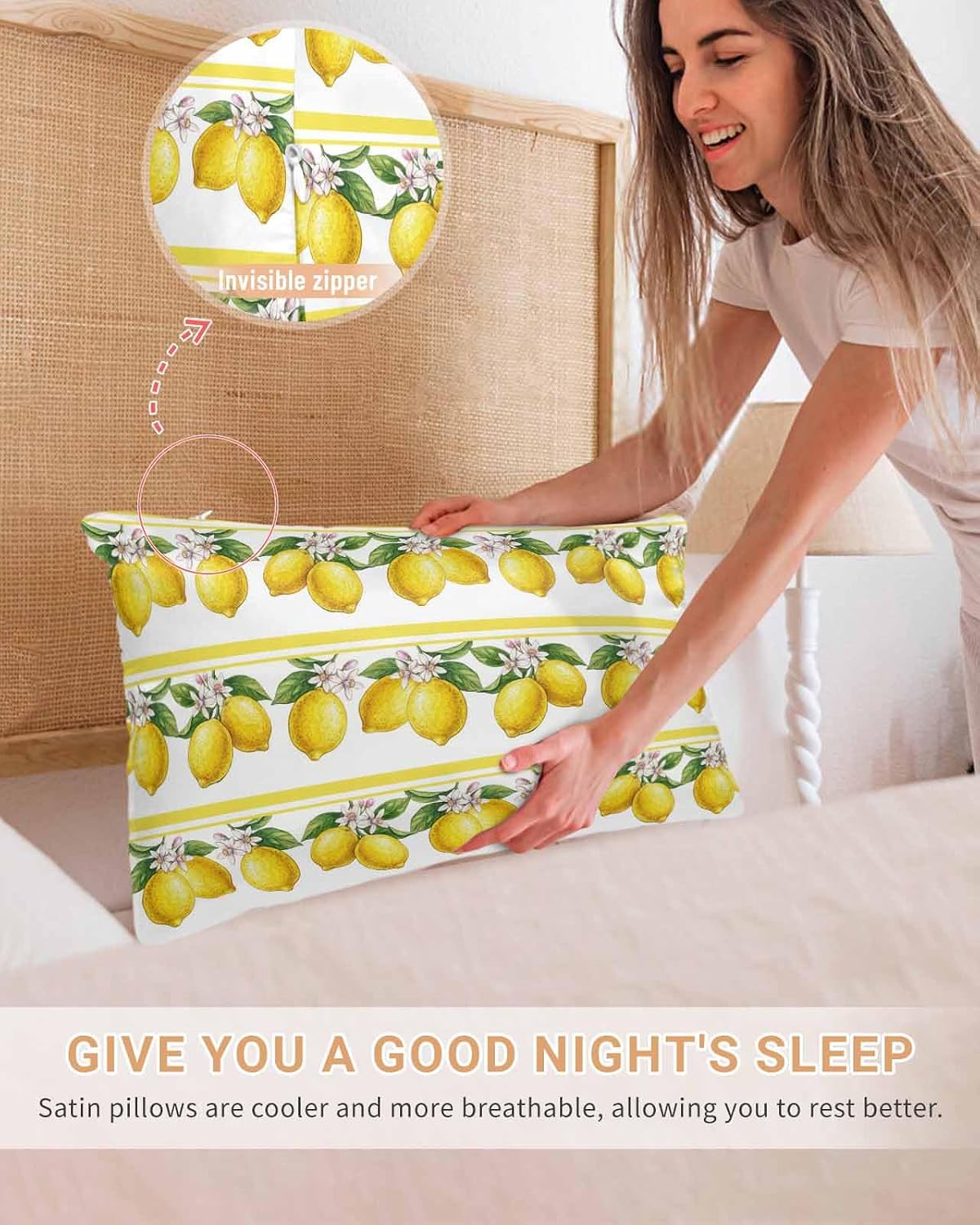 Satin Pillowcases Queen Size, Lemon Summer Silk Pillow Cases for Hair and Skin with Zipper 2 Pack, Watercolor Fruits Yellow Stripes Smooth Throw Pillow Covers for Sleeping, 20"x30"