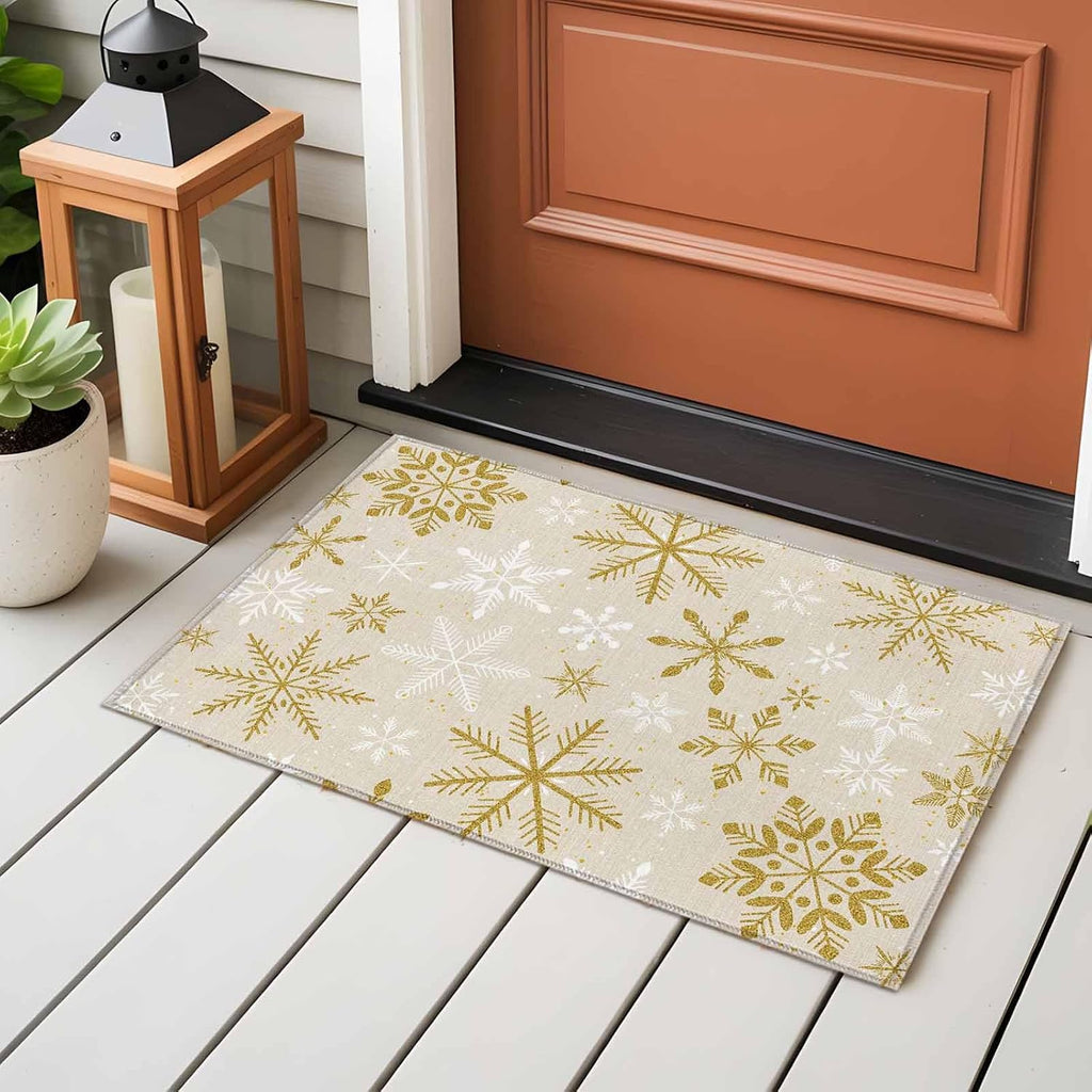 Winter Yellow Snowflake 2x3 Area Rugs for Living Room, Christmas White Snowflake Non Slip Floor Mat Washable Low-Profile Indoor Carpet for Bedroom, Dining Room, Bathroom