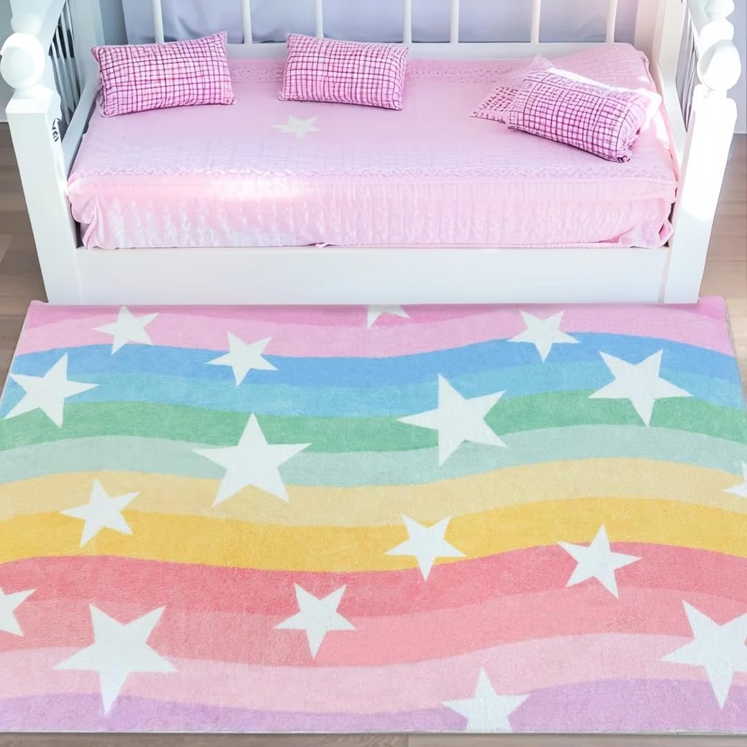 Kids Rug 3x5Ft Rainbow Stripes Stars Carpet for Boys Girls Bedroom
