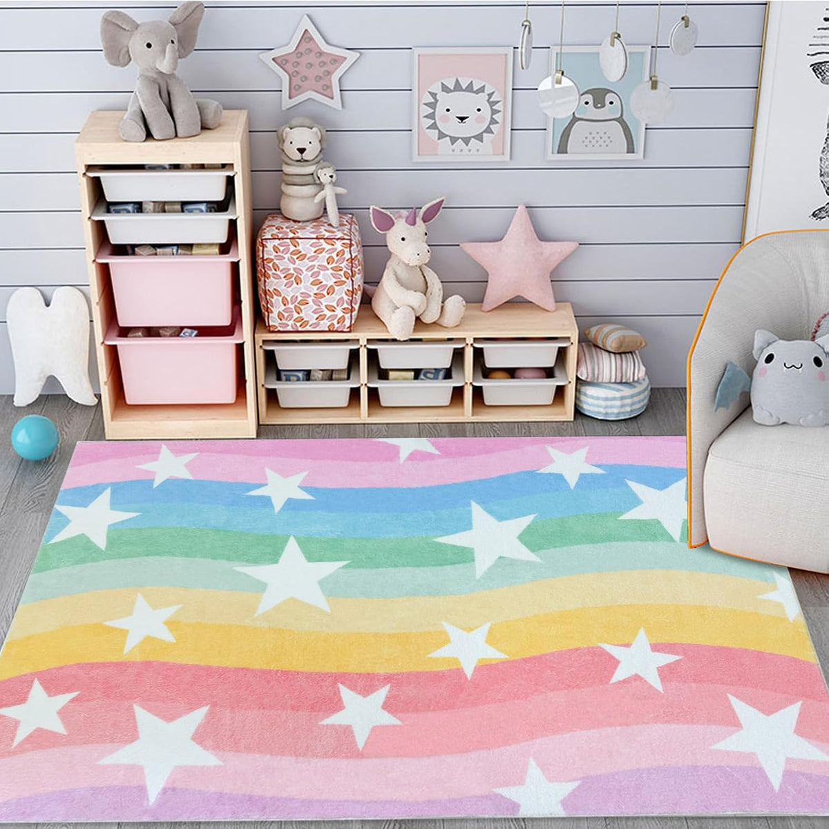 Kids Rug 3x5Ft Rainbow Stripes Stars Carpet for Boys Girls Bedroom