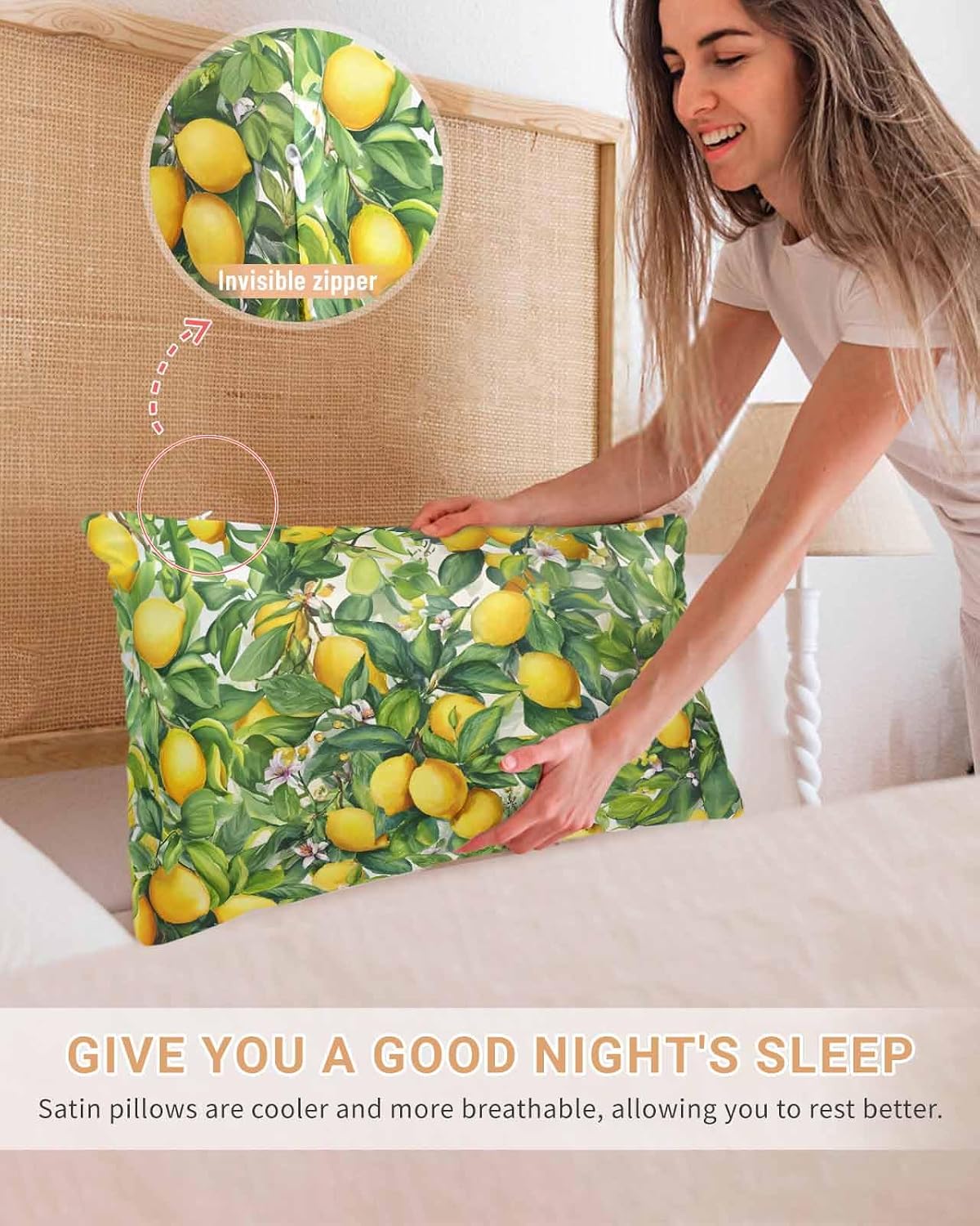 Satin Pillowcases Standard Size, Summer Lemon Silk Pillow Cases for Hair and Skin with Zipper 2 Pack, Watercolor Yellow Fruits Green Leaves Smooth Throw Pillow Covers for Sleeping, 20"x26"