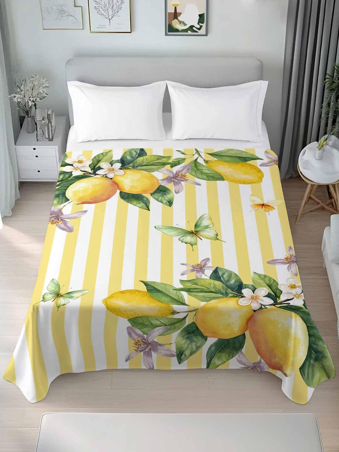 Twin Flat Sheet Only Bed Sheets Lemon Fruits Floral Leaves Microfiber Breathable Bedding Flat Sheet, Yellow Stripes Soft Top Sheets for Bedroom Living Room Sofa