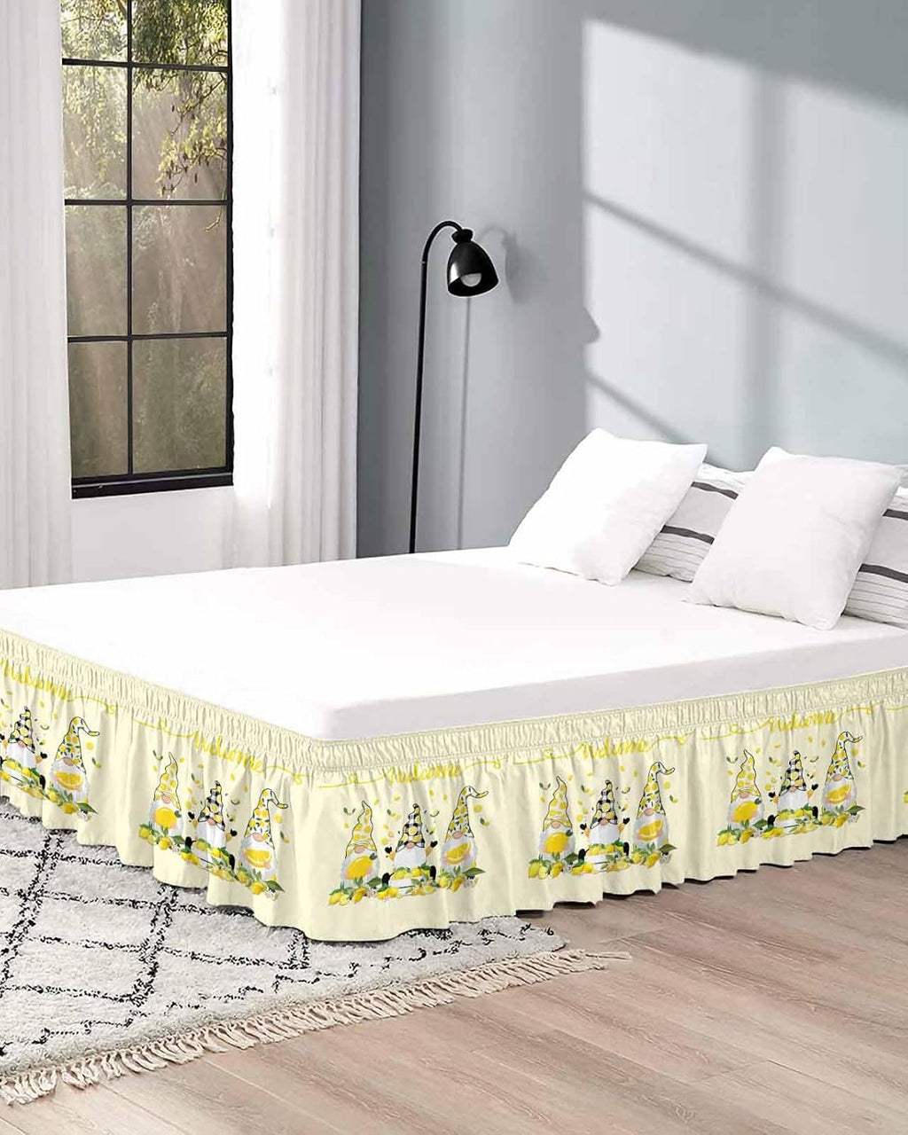 Lemon Gnomes Bed Skirt Queen Size 16 Inch Drop, Adjustable Elastic Wrap Around Bed Skirts Easy Fitting Dust Ruffle Bedskirt Bed Frame Cover Yellow Summer Botanical Fruit Leaves