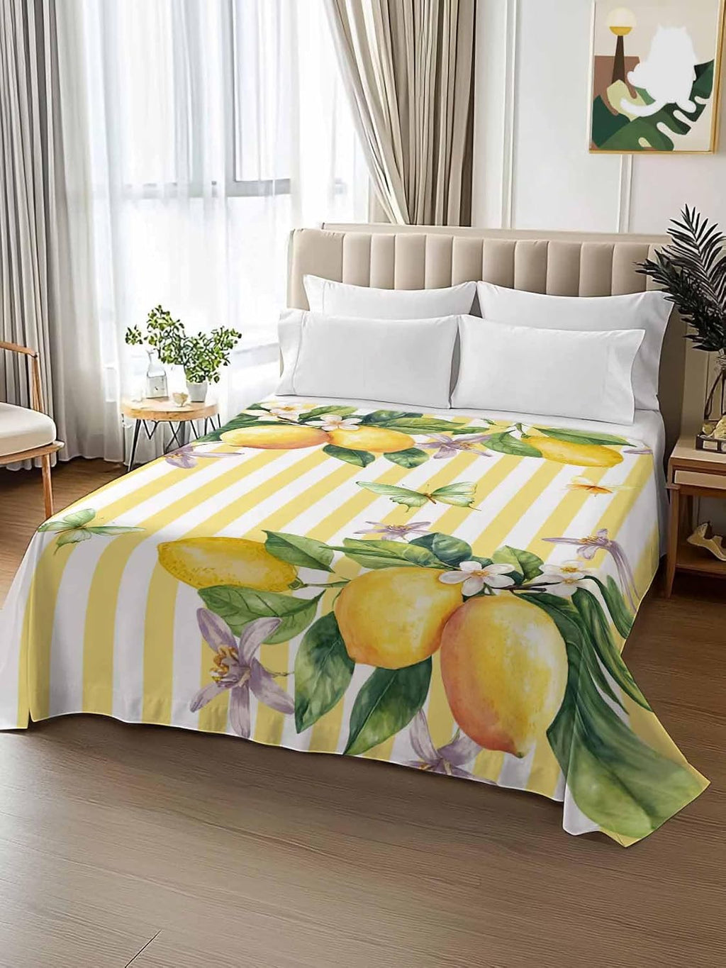 Flat Sheets Queen Size Bedding Sheet,Lemon Fruits Floral Leaves Soft Microfiber Breathable Top Sheets for Bedroom Hotel Luxury-1 Bed Flat Sheet Only,Yellow Stripes