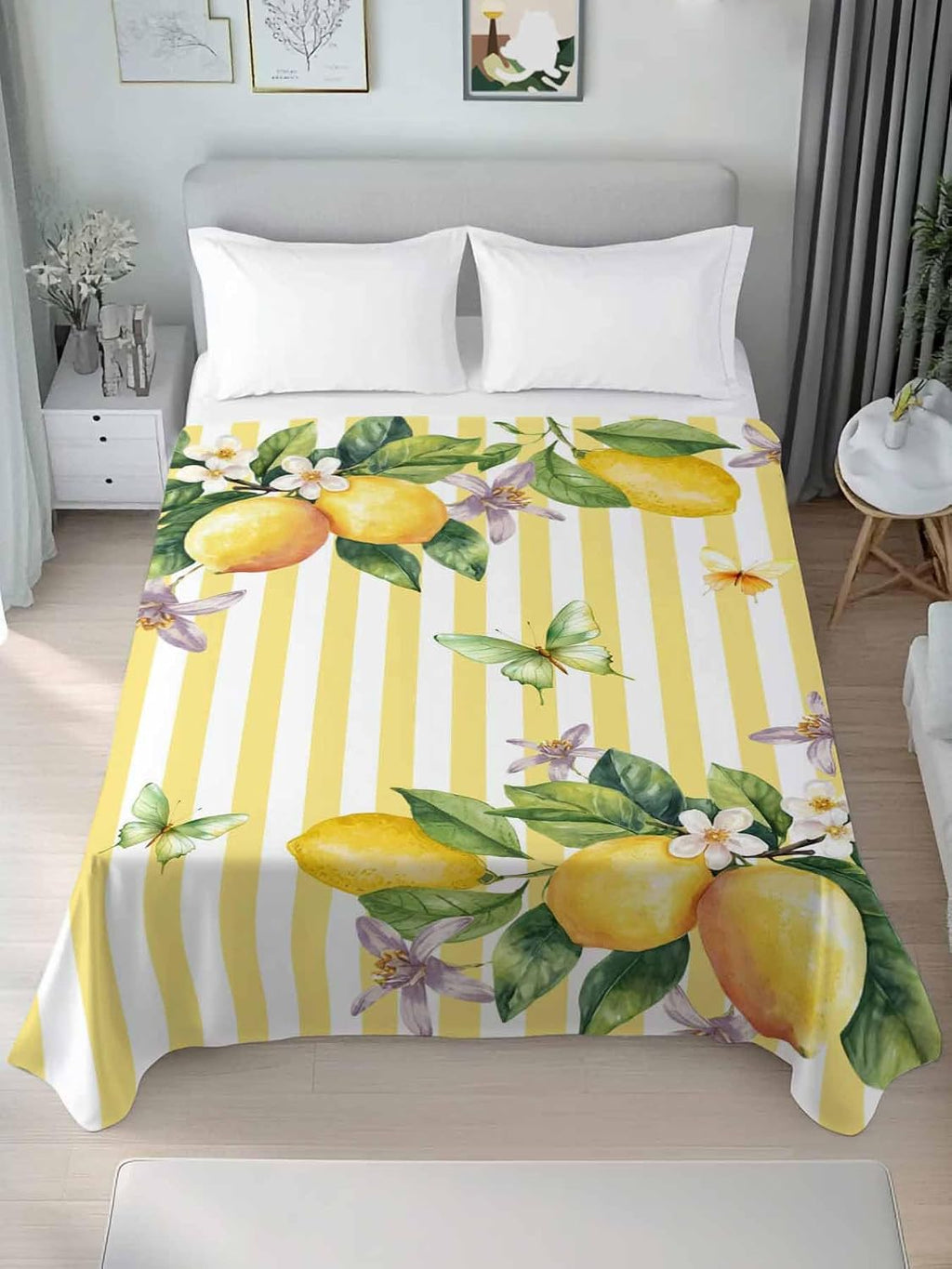 Flat Sheets Queen Size Bedding Sheet,Lemon Fruits Floral Leaves Soft Microfiber Breathable Top Sheets for Bedroom Hotel Luxury-1 Bed Flat Sheet Only,Yellow Stripes