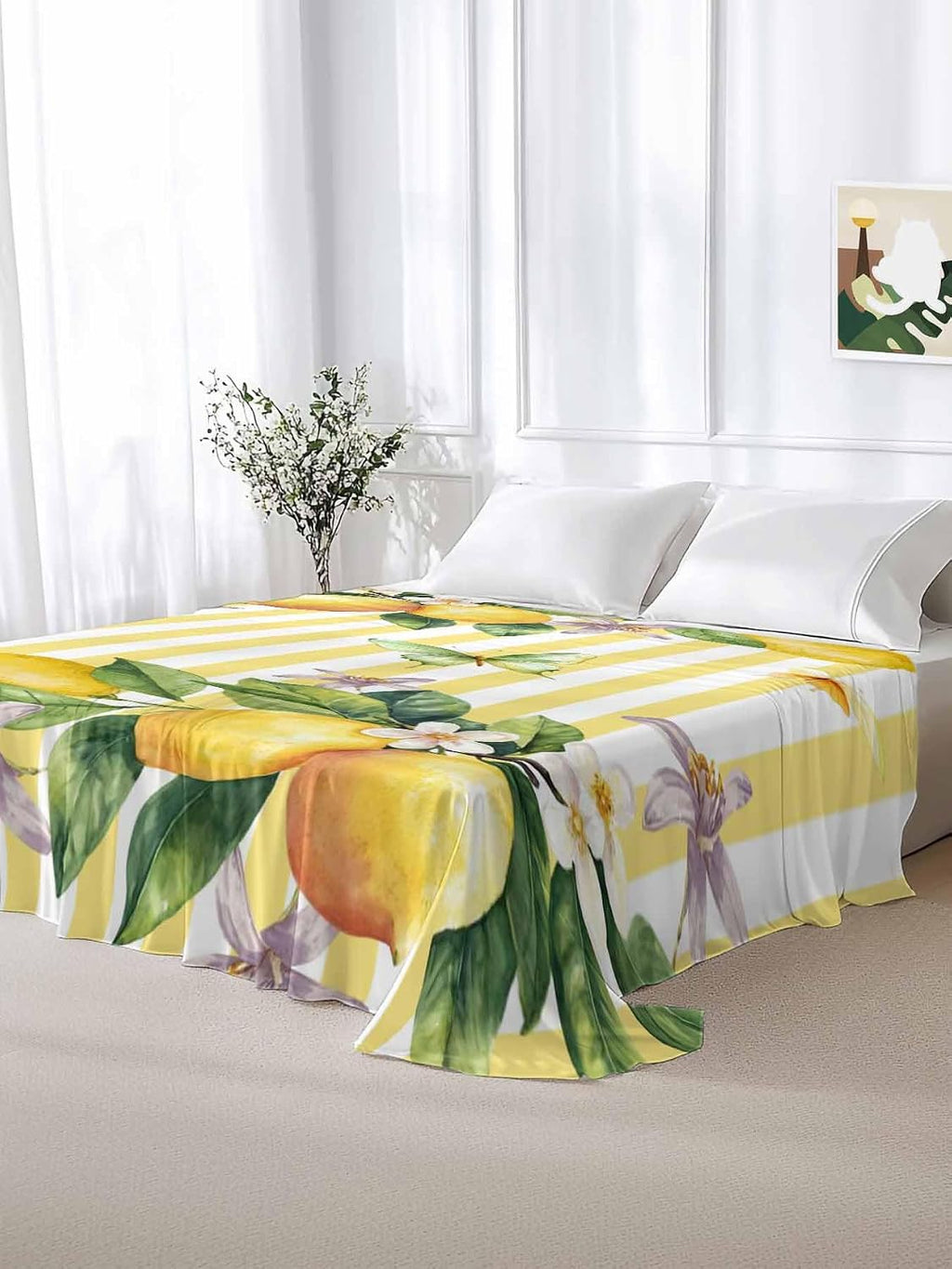 Flat Sheets Queen Size Bedding Sheet,Lemon Fruits Floral Leaves Soft Microfiber Breathable Top Sheets for Bedroom Hotel Luxury-1 Bed Flat Sheet Only,Yellow Stripes