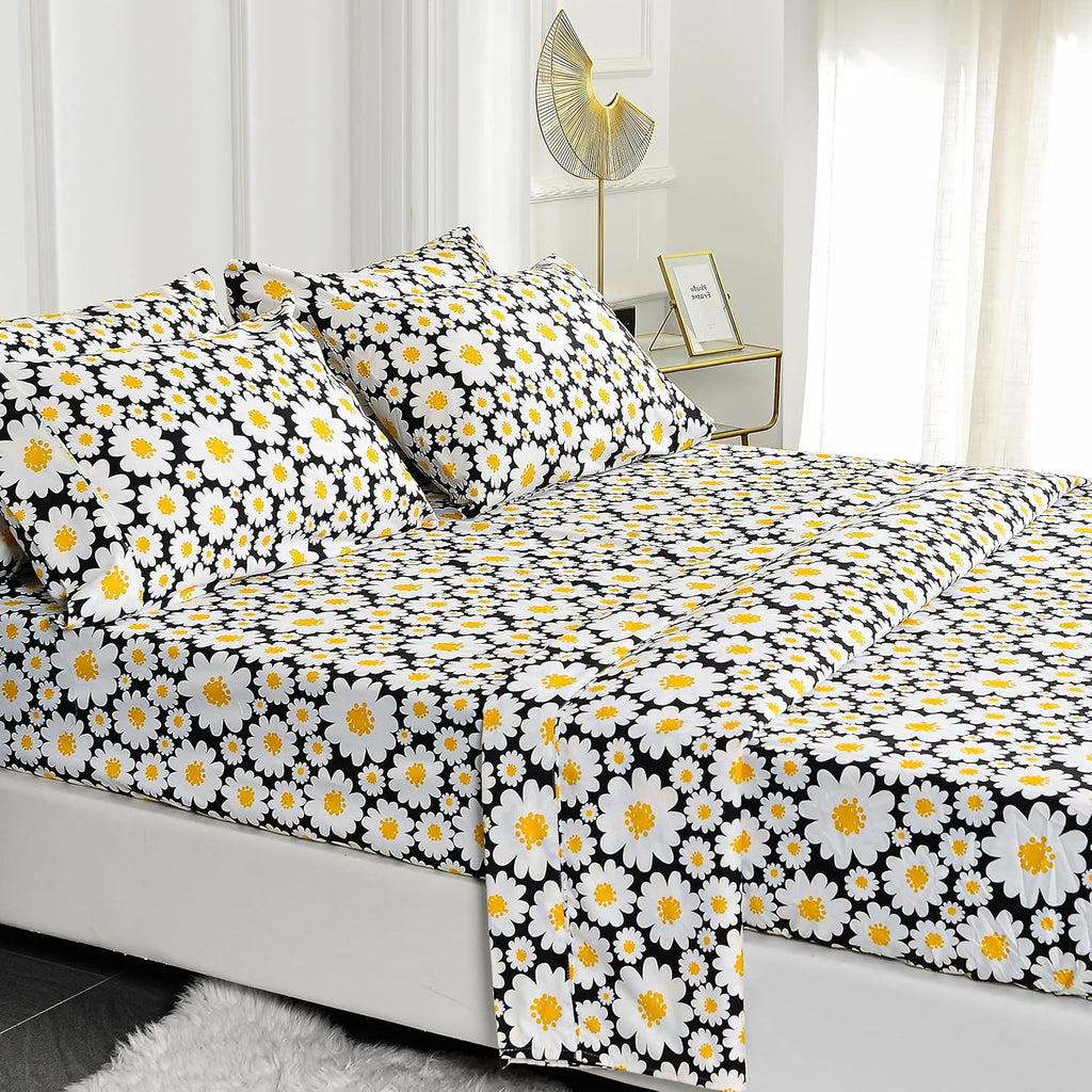 Ultra-Soft Microfiber Sheet Set - Double Brushed - Wrinkle and Stain Resistance - Fit 14 inches Deep Pocket - 4 Pieces Set (Twin, Yellow Daisies)