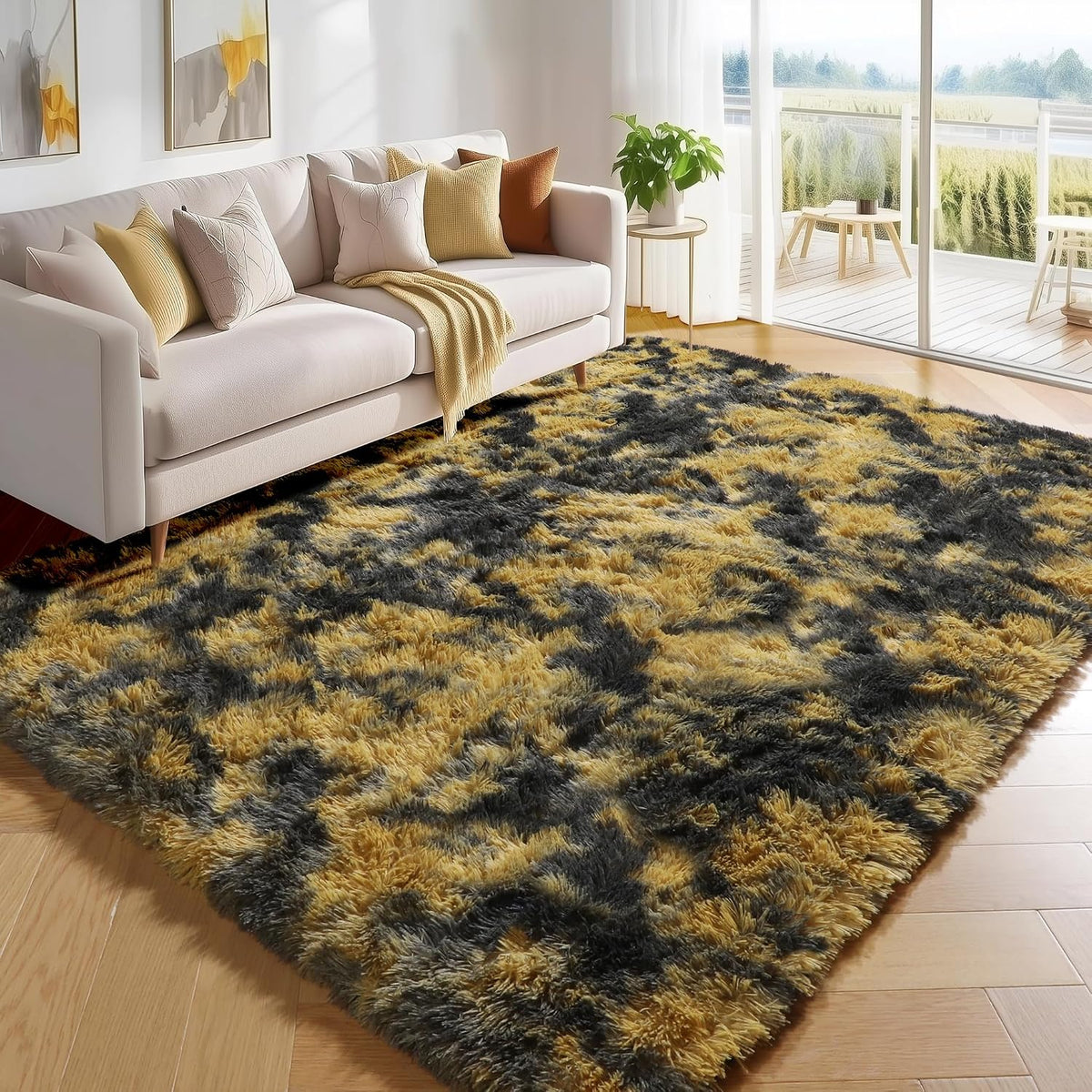 Black and Yellow Bedroom Rugs 4x6 Ft, Fluffy Modern Living Room Area Rug