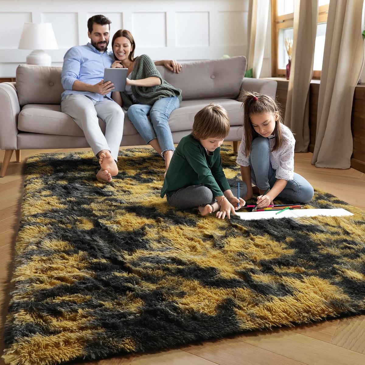 Black and Yellow Bedroom Rugs 4x6 Ft, Fluffy Modern Living Room Area Rug