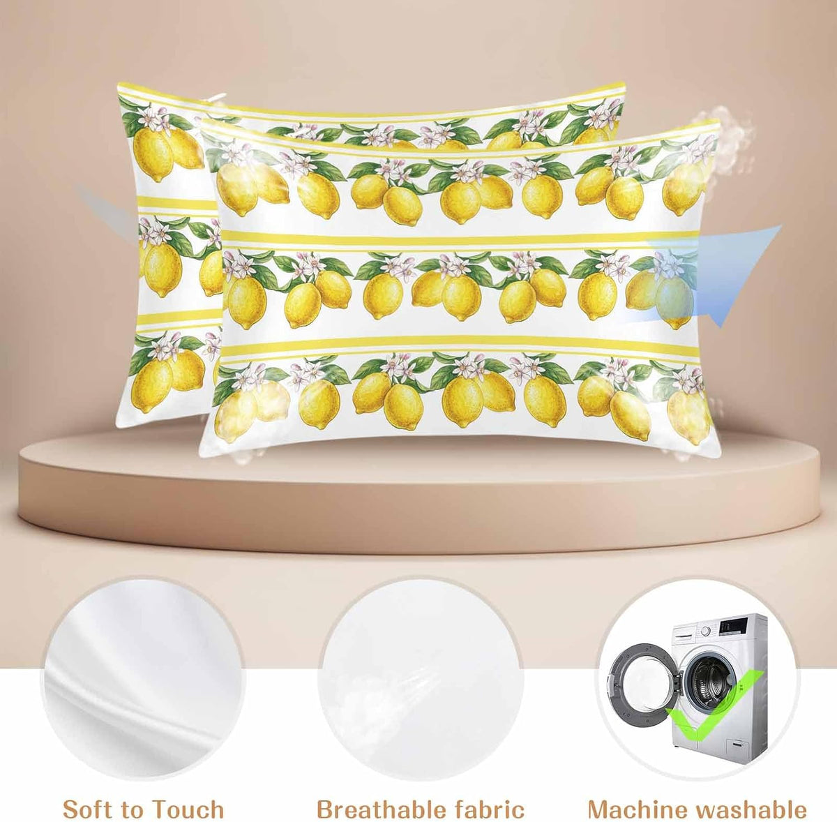 Lemon Summer Pillow Cases Standard Size Set of 2, Watercolor Fruits Yellow Stripes Satin Pillowcase with Zipper for Hair/Skin, Decorative Pillow Covers for Bed/Couch/Sofa, 20x26 Inches