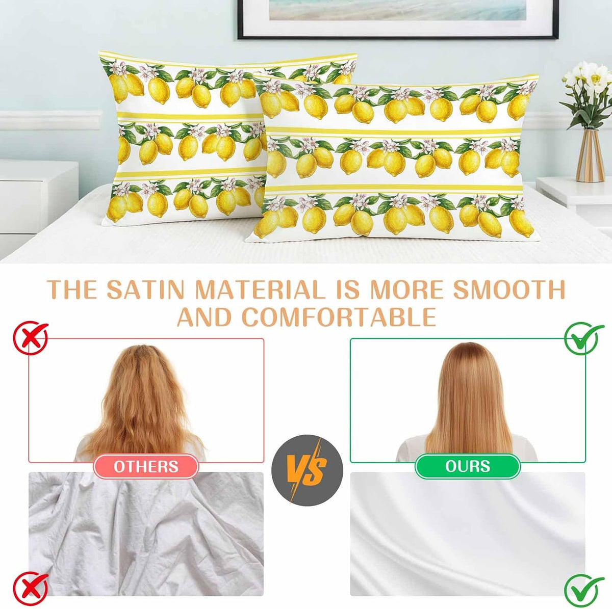 Lemon Summer Pillow Cases Standard Size Set of 2, Watercolor Fruits Yellow Stripes Satin Pillowcase with Zipper for Hair/Skin, Decorative Pillow Covers for Bed/Couch/Sofa, 20x26 Inches