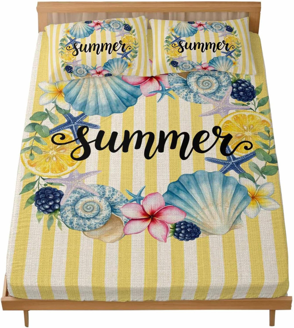 Twin Fitted Sheet, Summer Sea Stars Shells Lemon Soft Brushed Microfiber Deep Pocket Bed Sheets Set, Vintage Yellow Striped Breathable Bottom Sheets with Pillowcase,Fits Mattress Up to 16"