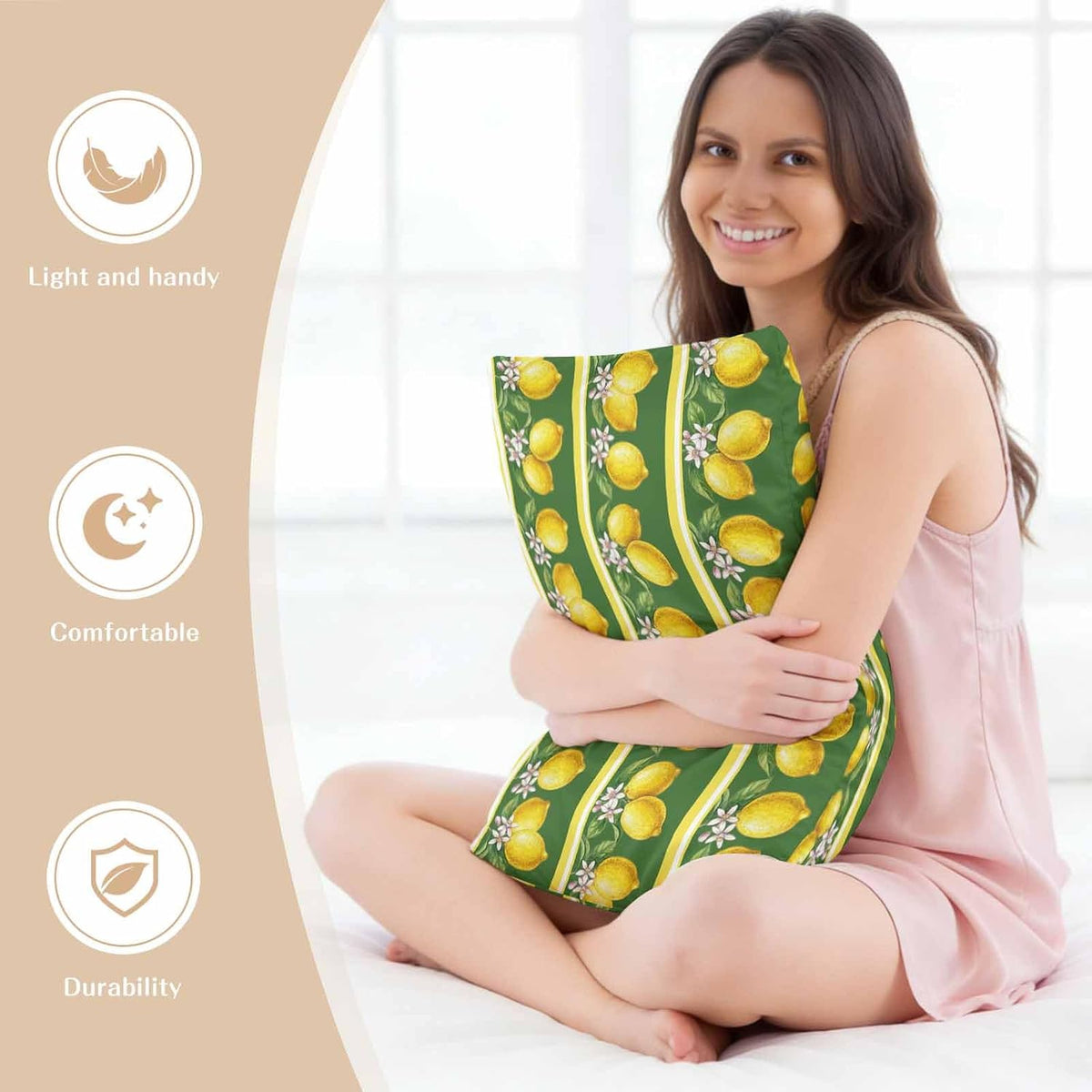 Lemon Summer Pillow Cases Standard Size Set of 2, Watercolor Fruits Green Yellow Stripes Satin Pillowcase with Zipper for Hair/Skin, Decorative Pillow Covers for Bed/Couch/Sofa, 20x26 Inches