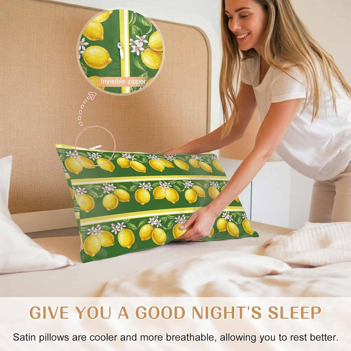 Lemon Summer Pillow Cases Standard Size Set of 2, Watercolor Fruits Green Yellow Stripes Satin Pillowcase with Zipper for Hair/Skin, Decorative Pillow Covers for Bed/Couch/Sofa, 20x26 Inches