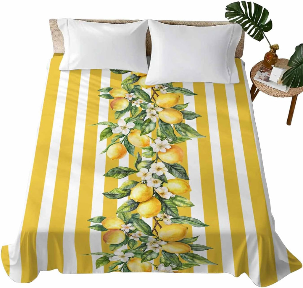 Twin Flat Sheet Only,Watercolor Summer Farm Lemon Leaves Top Sheet Breathable Soft Brushed Polyester Microfiber Bed Sheets,Yellow Stripe Hotel Luxury Bedding Sheets for Women,Men,Teens