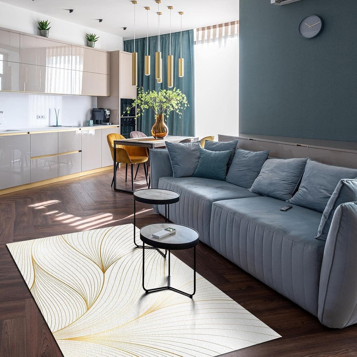 Modern Light Luxury Area Rug for Living Room, Gold Yellow Abstract Lines Design Rug, Soft Non-Slip Indoor Carpet White Washable Throw Rug for Bedroom Hallway Office 4.6x6.6ft