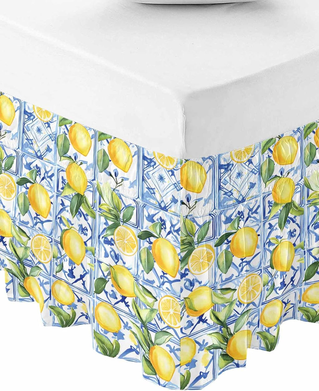 Yellow Lemon Bed Skirt Queen Size 16 Inch Drop, Adjustable Elastic Wrap Around Bed Skirts Easy Fitting Dust Ruffle Bedskirt Bed Frame Cover Botanical Spring Leaves Abstract Blue Tile