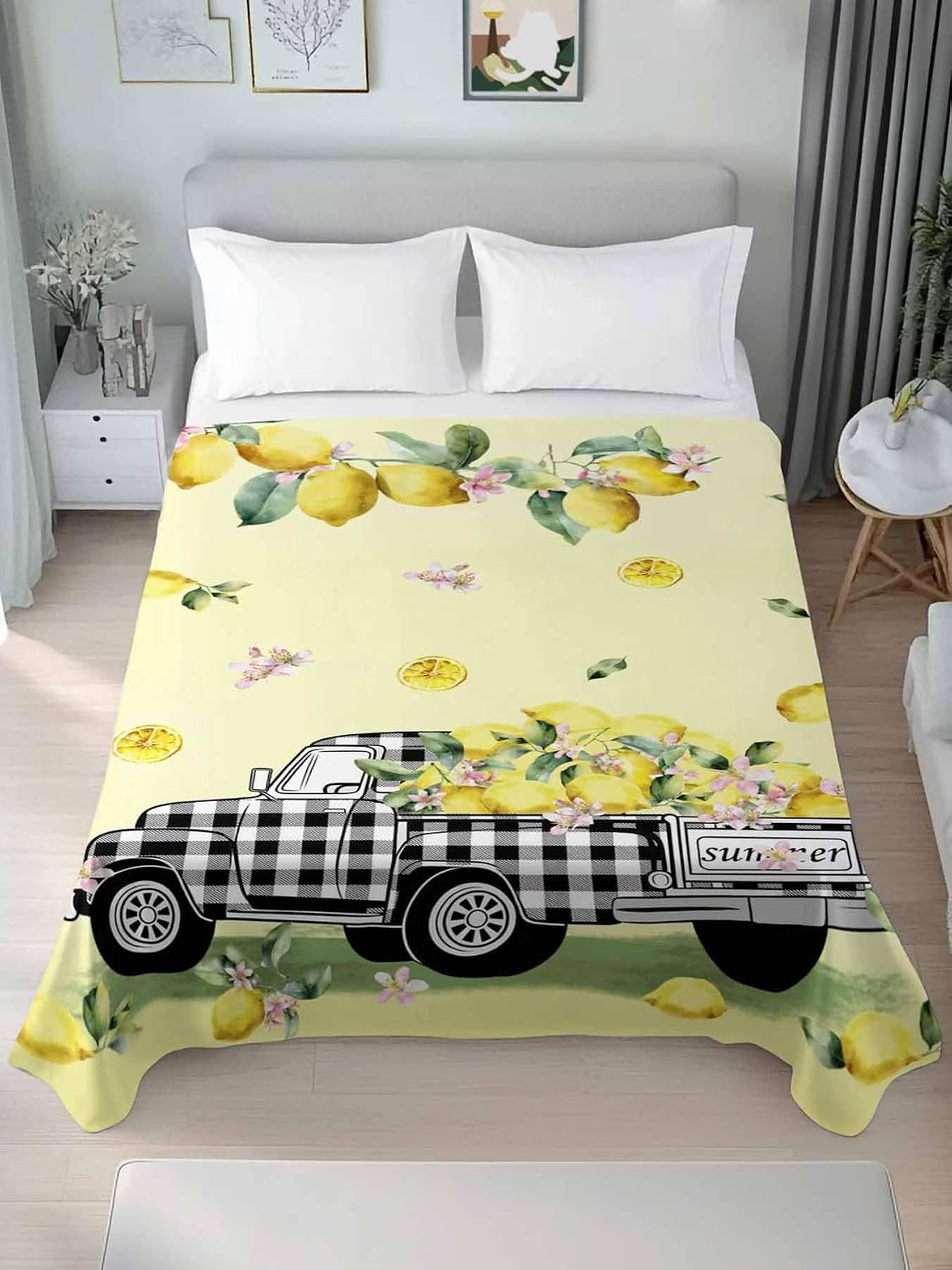 Queen Size Top Sheet Only, Pastoral Plaid Truck Lemon Fruit Flat Sheet Microfiber Breathable Soft Bed Sheets, Farm Floral Leaves on Yellow Hotel Bedding Flat Sheets for Bedroom