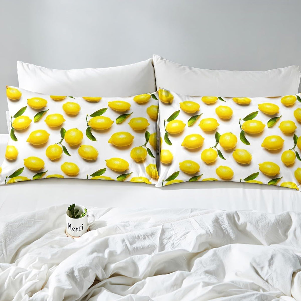 Sunny Lemon Print Bed Sheets Set Full Size Green Leaf Plant