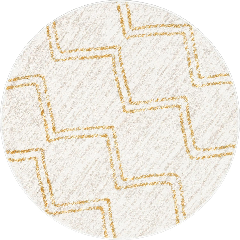 Well Woven Merri Yellow Ivory Geometric Stripes Pattern Stain-Resistant Area Rug (4' Round)