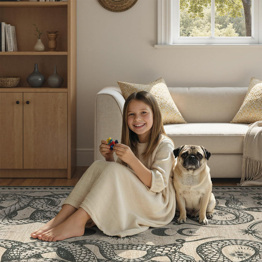DCX 4x6 Washable Snake Rug for Living Room, Non Slip Low Pile Rug, Beige