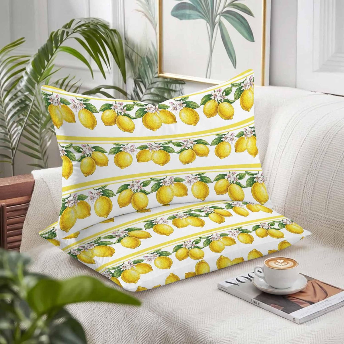 Lemon Summer Pillow Cases Standard Size Set of 2 - Microfiber Bed Throw Pillow Covers, Watercolor Fruits Yellow Stripes Decorative Lumbar Pillow Cover with Envelope Closure for Sofa/Travel 20"x26"