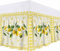 Yellow Lemons Wrap Around Bed Skirt Queen Size, Dust Ruffled 16 Inch Tailored Drop with Adjustable Elastic Belt Pleated, Summer Botanical Checkered Farmhouse Luxury Bedding Skirts for Bedroom