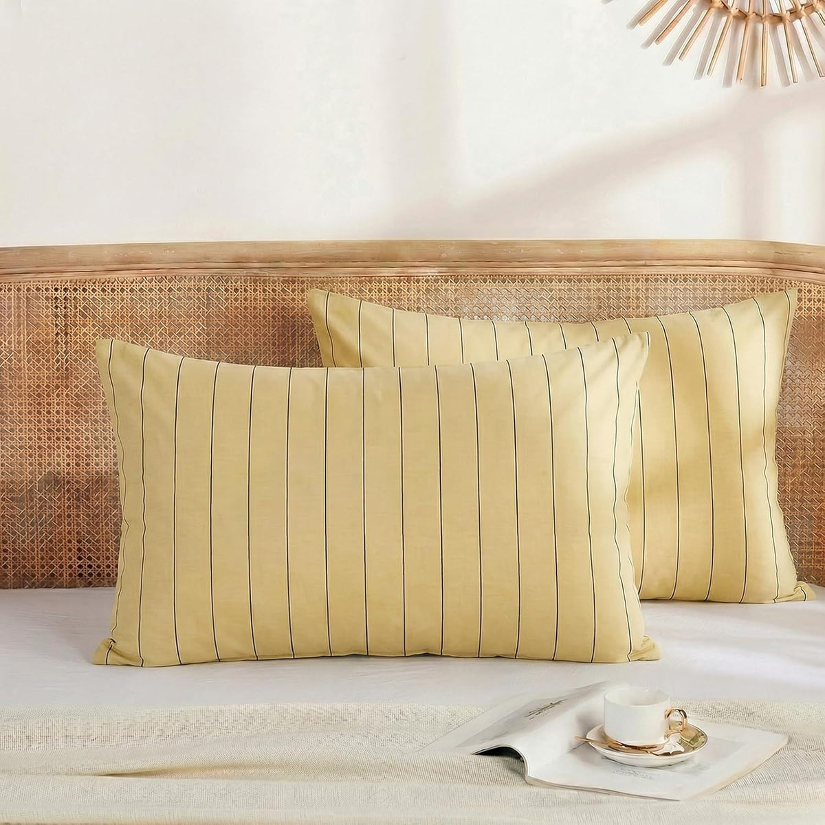 Yellow Striped Pillowcases, 100% Cotton Pillow Cases, Queen Size Pillowcases, Luxury Linen Like Pillowcase, Soft Breathable Pinstripe Pillow Covers, Set of 2